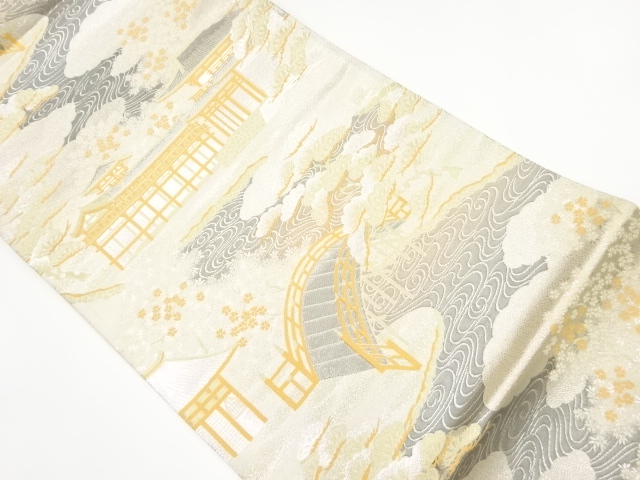 JAPANESE KIMONO / VINTAGE FUKURO OBI / PLATINUM FOIL / WOVEN SCENERY OF BYODOIN PATTERN